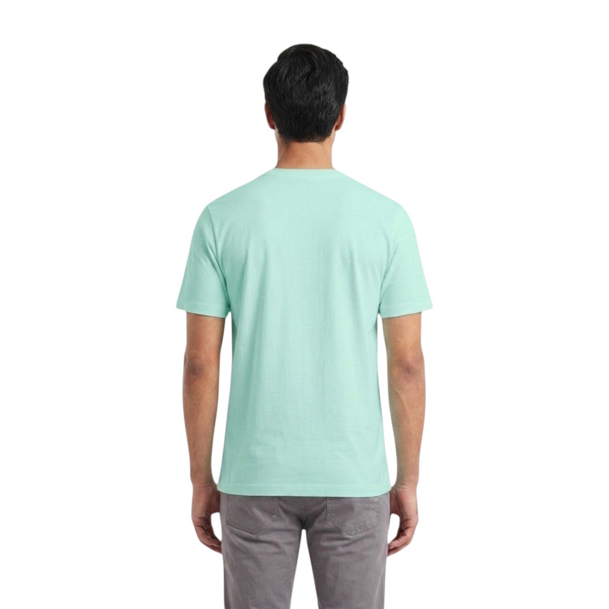 Back view of a man wearing an FRG light teal performance training t-shirt with a plain back design