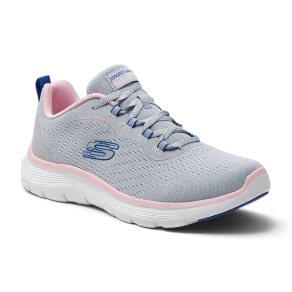 FRG Skechers Flex Appeal 5.0 gray multi vegan lace-up sneaker with mesh upper and cushioned memory foam insole