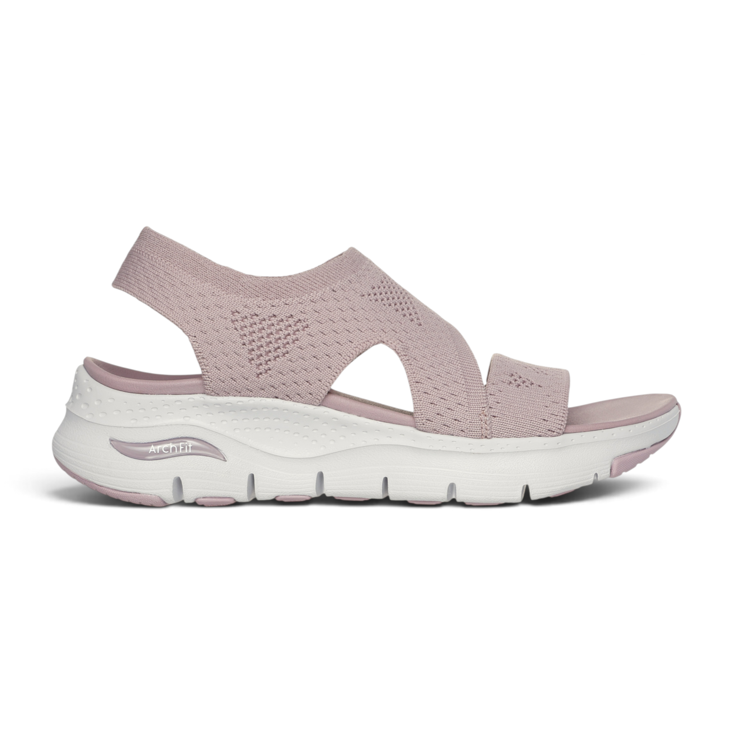 FRG Arch Fit Brightest Day mauve knit sandal with a white cushioned arch support sole and comfortable slingback strap