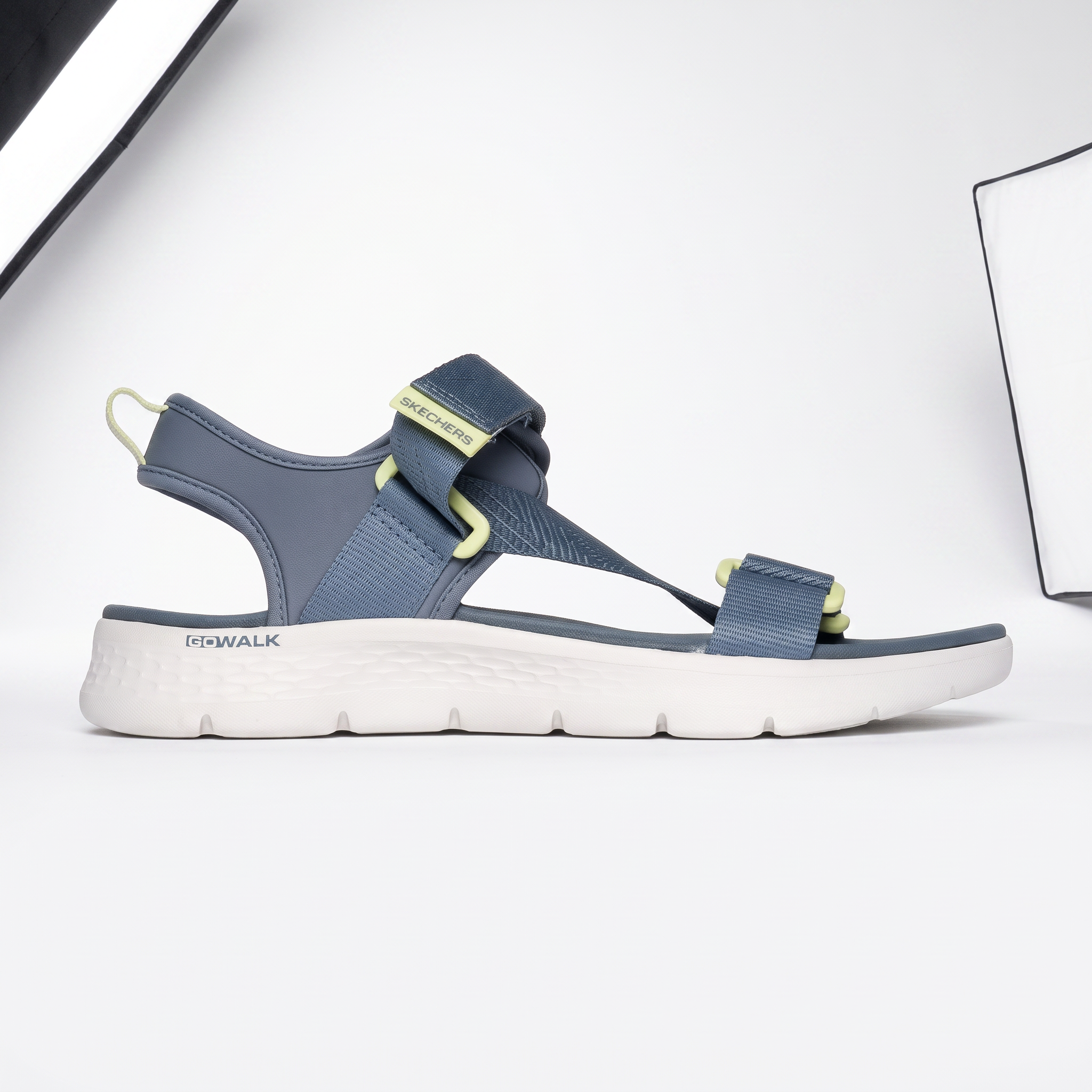 FRG GO WALK FLEX SANDAL in blue with lime green accents, featuring adjustable straps and a cushioned white sole.