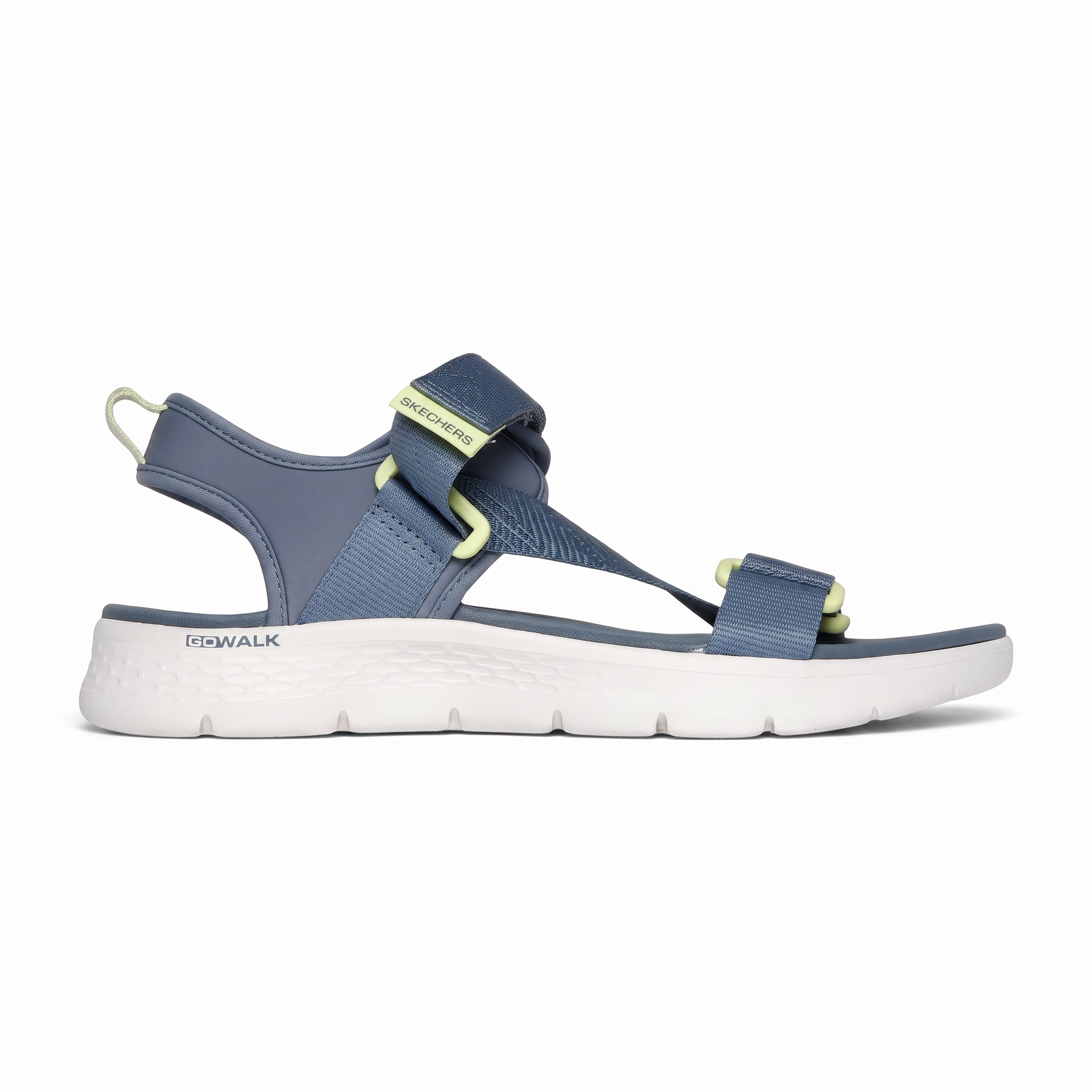 FRG GO WALK FLEX SANDAL in blue with adjustable straps, lime green accents, and a white cushioned sole.