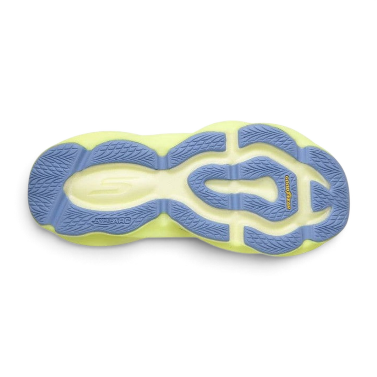 FRG Skechers Aero Burst running shoe outsole in mint green with blue Goodyear performance rubber traction pods