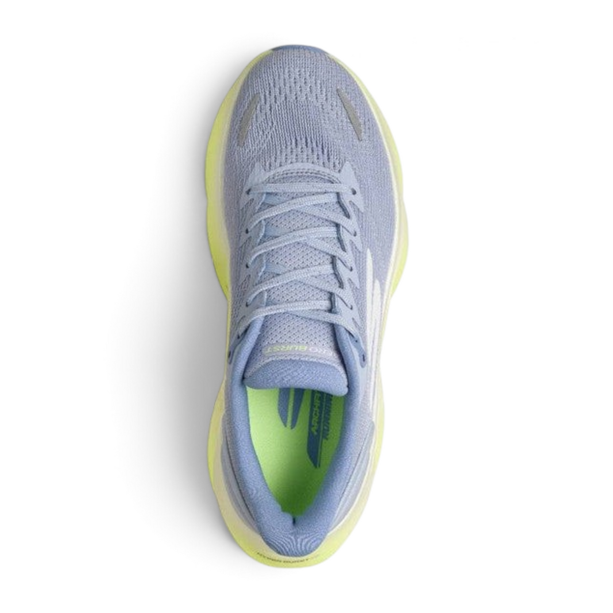 FRG Skechers Aero Burst running shoe in pink, white, and mint with breathable mesh and cushioned sole, top view.
