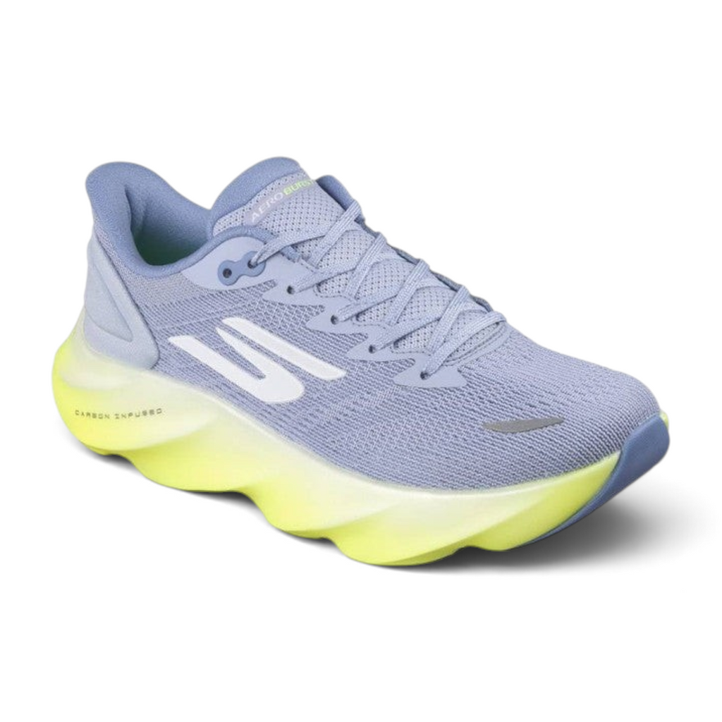 FRG Skechers Aero Burst running shoe in light purple with a bright yellow HYPER BURST ICE midsole and white logo.
