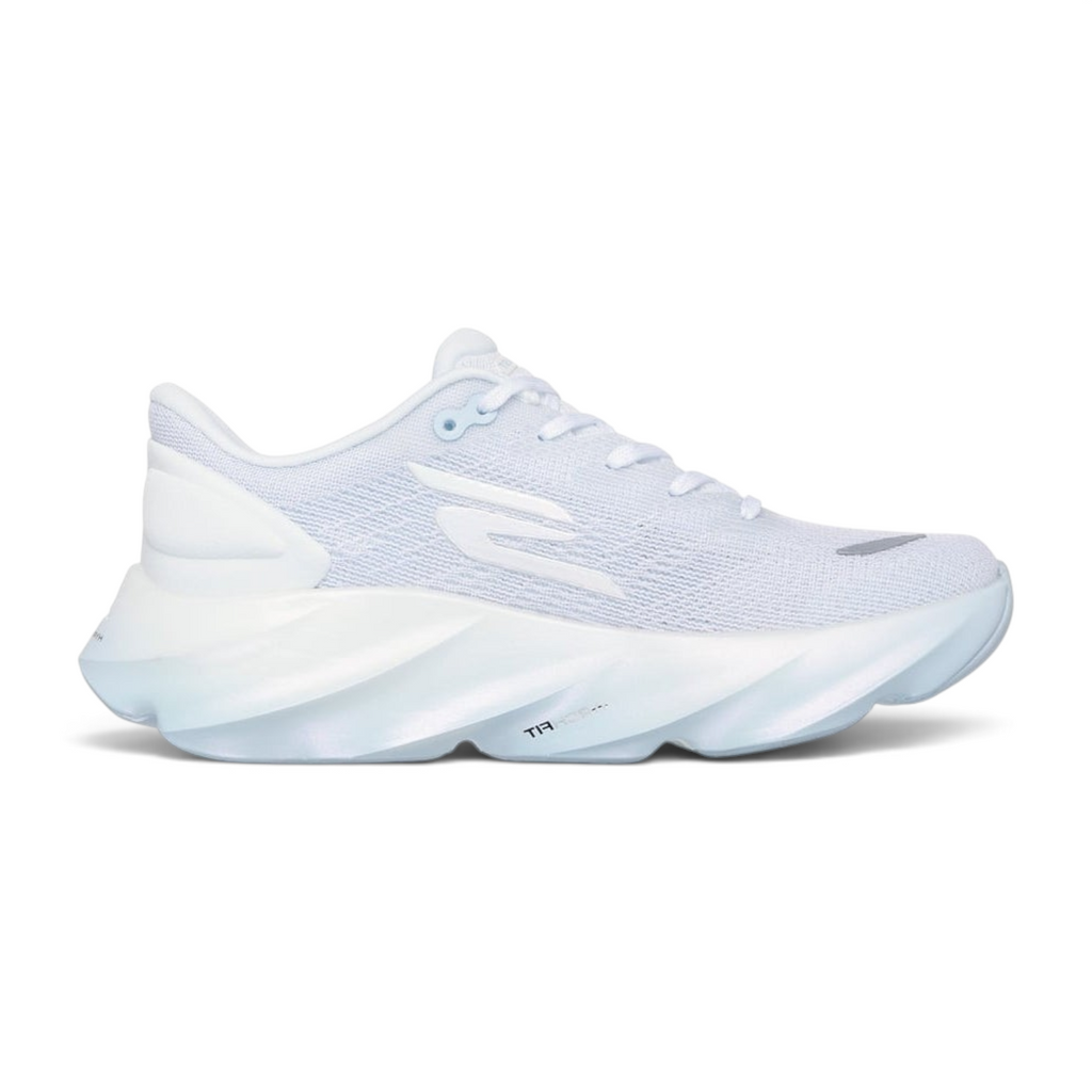 FRG Skechers Aero Burst running shoe in white and light blue with breathable mesh and thick cushioned midsole.