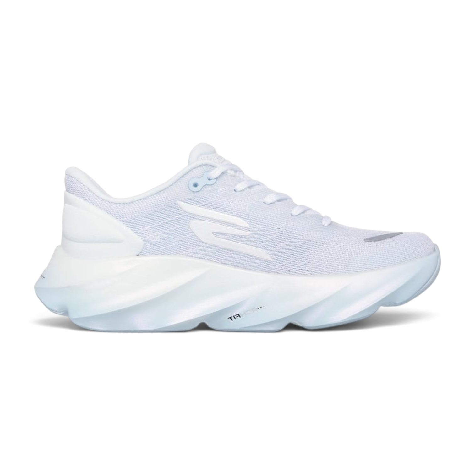 FRG Skechers Aero Burst running shoe in white and light blue with breathable mesh and thick cushioned midsole.