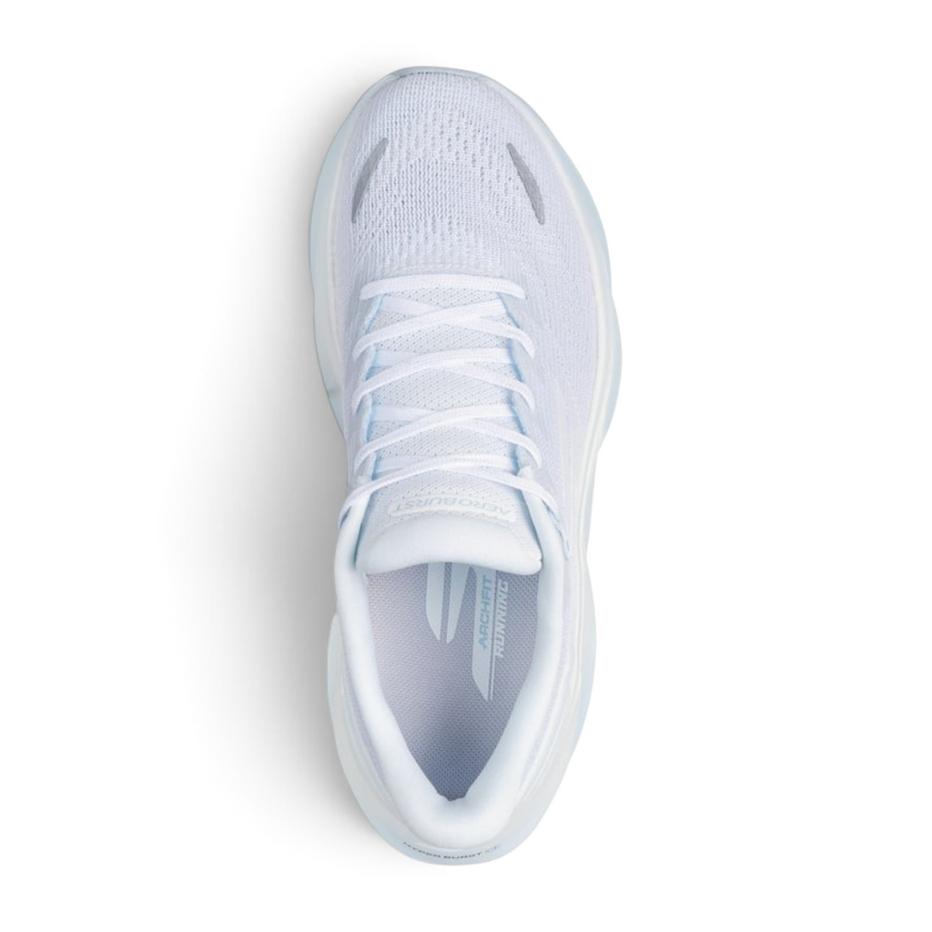 FRG Skechers Aero Burst running shoe in white and light blue with breathable mesh upper and Arch Fit insole