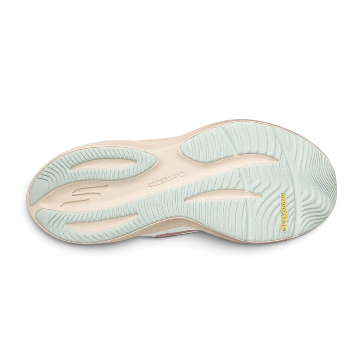 FRG Skechers Aero Pulse running shoe outsole in white, rose, and silver with Goodyear performance tread pattern