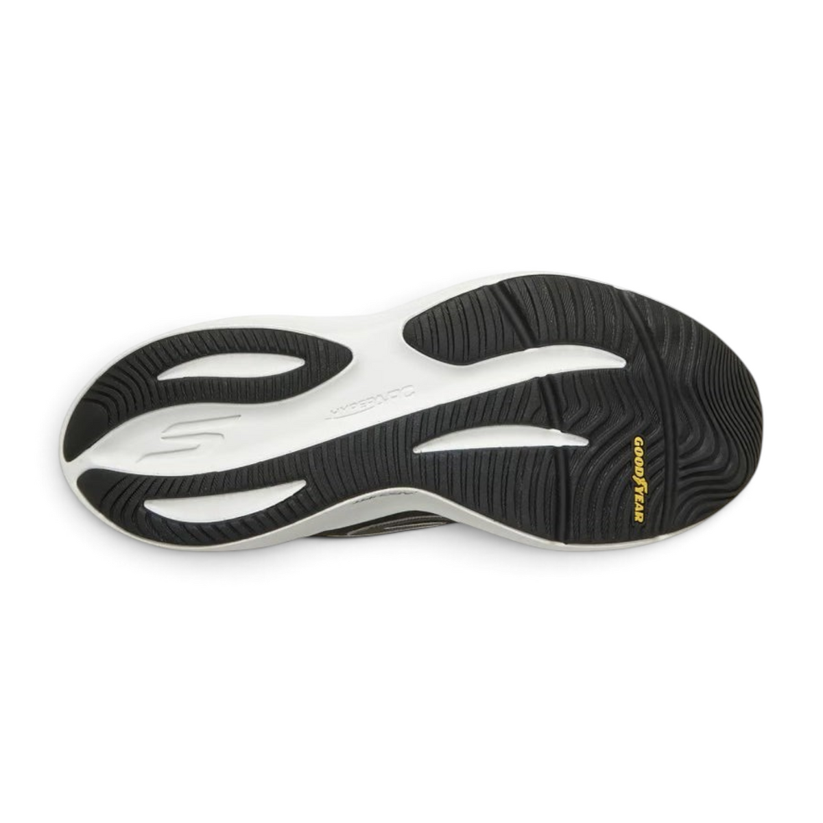 FRG Skechers Aero Pulse running shoe outsole featuring black rubber Goodyear traction and white cushioning