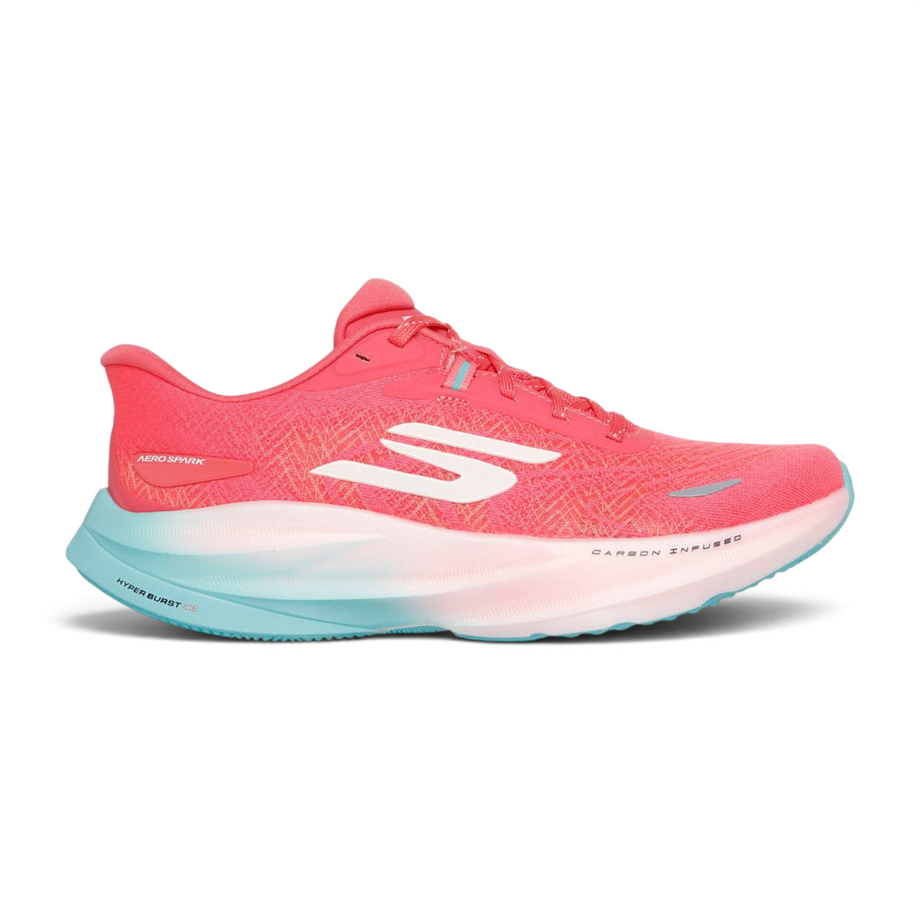 FRG Skechers Aero Spark running shoe in coral with breathable mesh upper, white logo, and blue cushioned midsole.