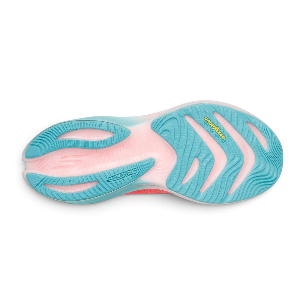FRG Skechers Aero Spark running shoe outsole in coral and blue with Goodyear Performance traction tread