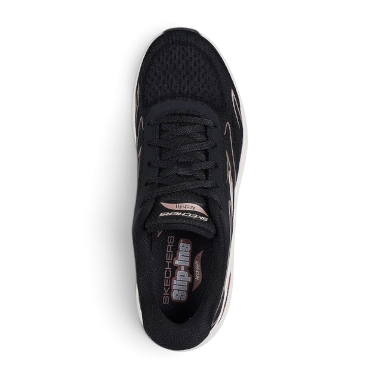 FRG Skechers Arch Fit 2.0 Sleek Stride black lace-up sneaker with rose gold accents and engineered mesh upper