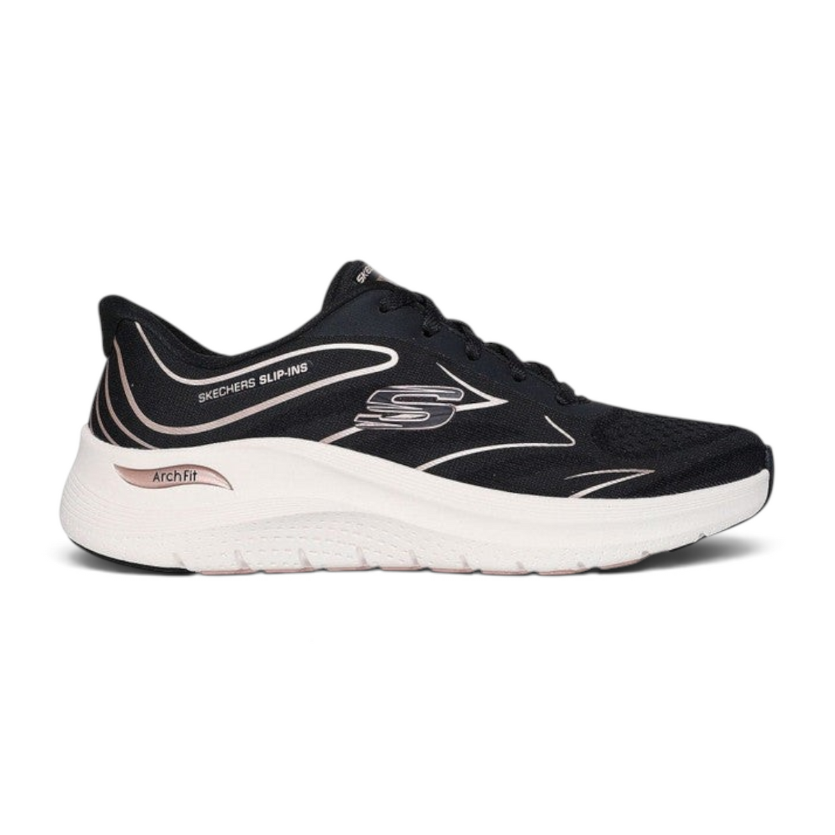FRG Skechers Arch Fit 2.0 Sleek Stride black and rose lace-up sneaker with engineered mesh and cushioned midsole