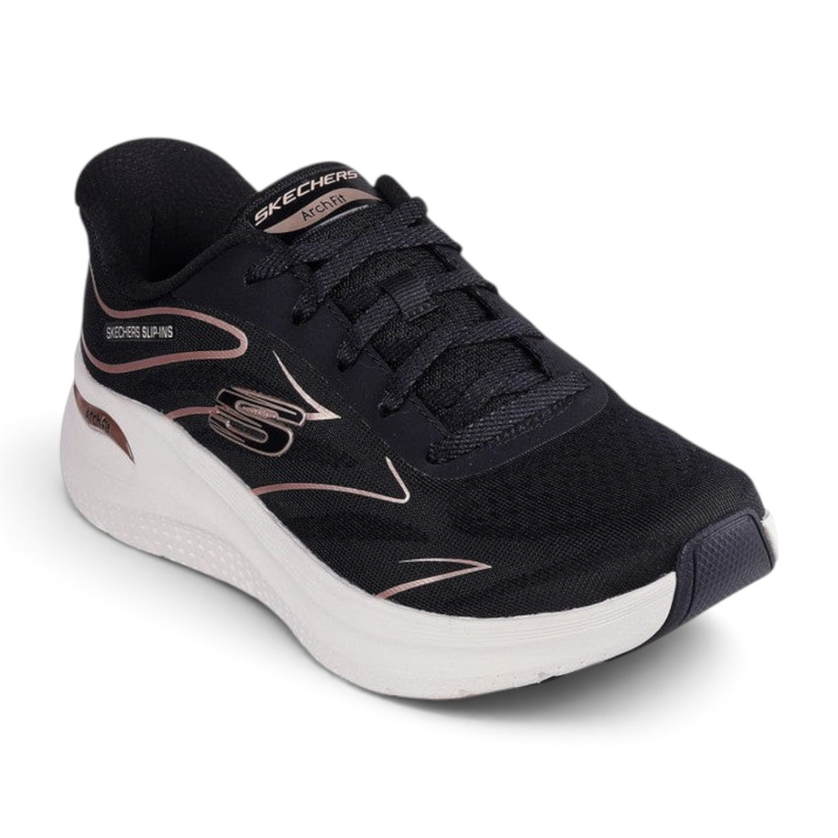 FRG Skechers Arch Fit 2.0 Sleek Stride black and rose gold lace-up sneaker with engineered mesh and cushioned sole