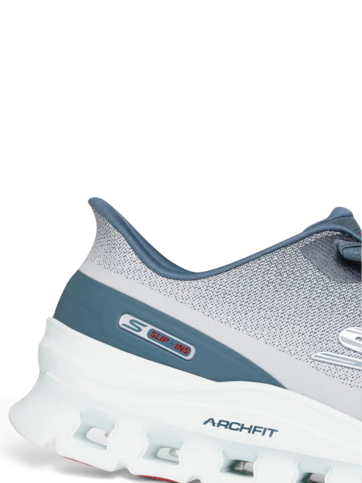 FRG Skechers Arch Fit Glide-Step Pro light gray and blue knit slip-on sneaker with Heel Pillow detail