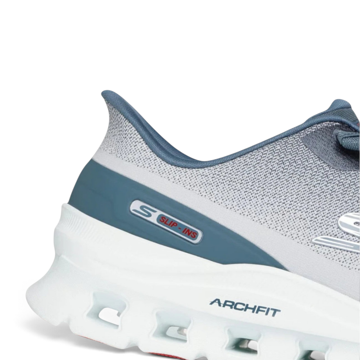 FRG Skechers Arch Fit Glide-Step Pro light gray and blue knit slip-on sneaker with Heel Pillow detail