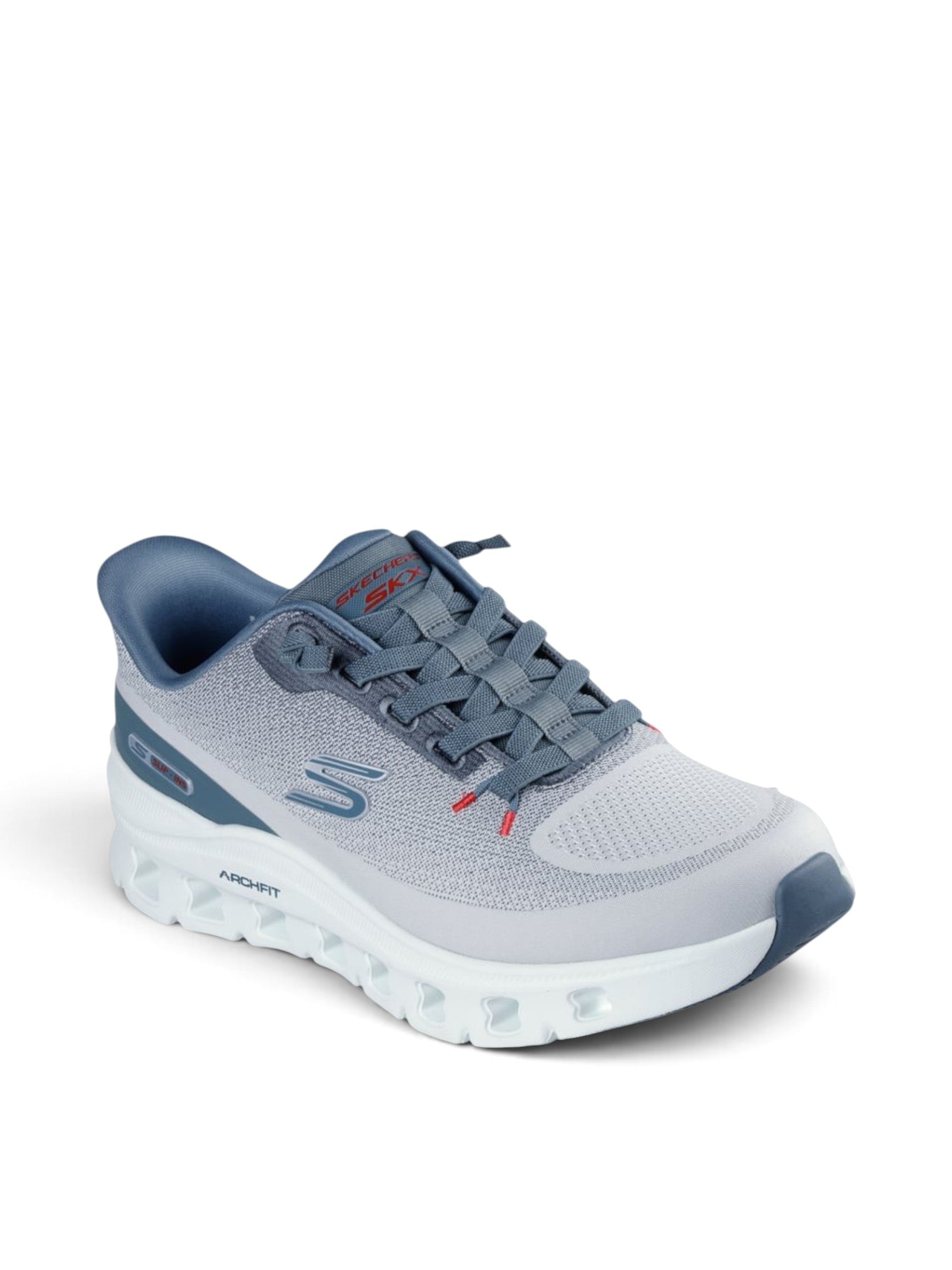 FRG Skechers Arch Fit Glide-Step Pro light gray and blue vegan slip-on sneaker with geometric cushioned midsole