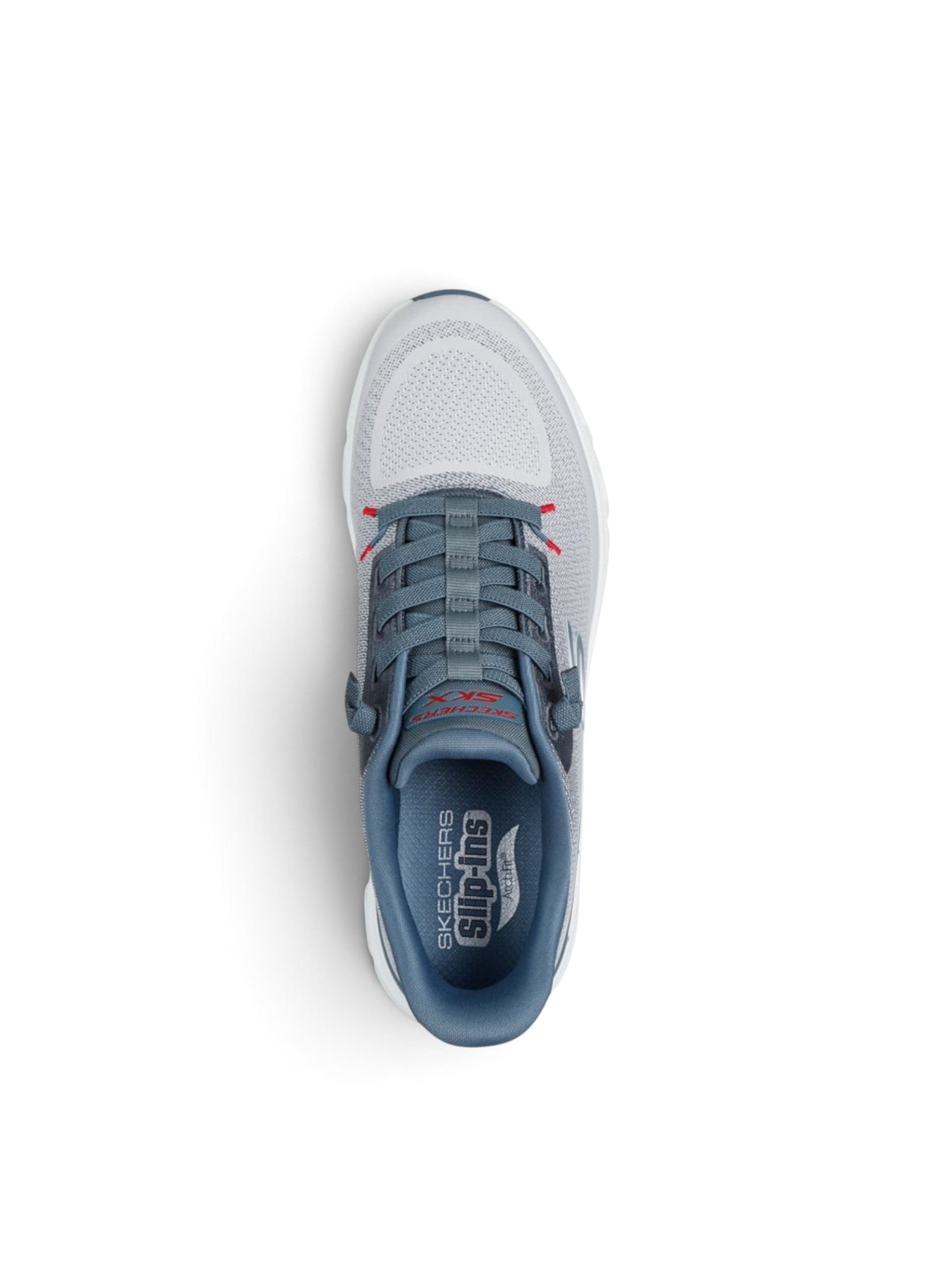 FRG Skechers Arch Fit Glide-Step Pro slip-on sneaker in light gray and blue with engineered knit upper.