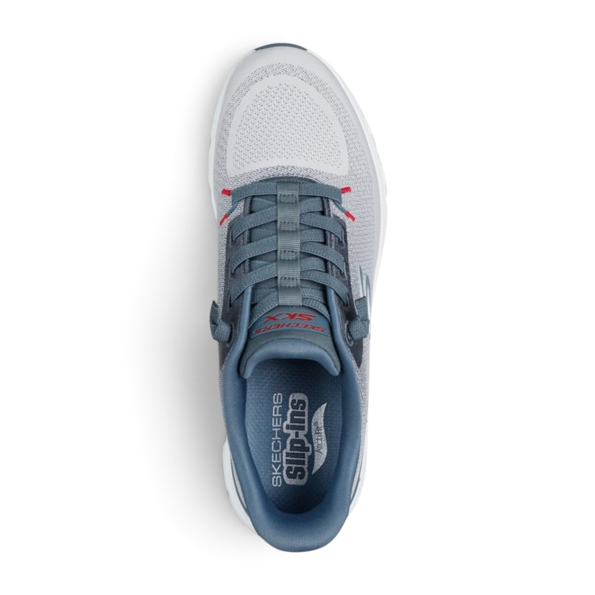 FRG Skechers Arch Fit Glide-Step Pro slip-on sneaker in light gray and blue with engineered knit upper.