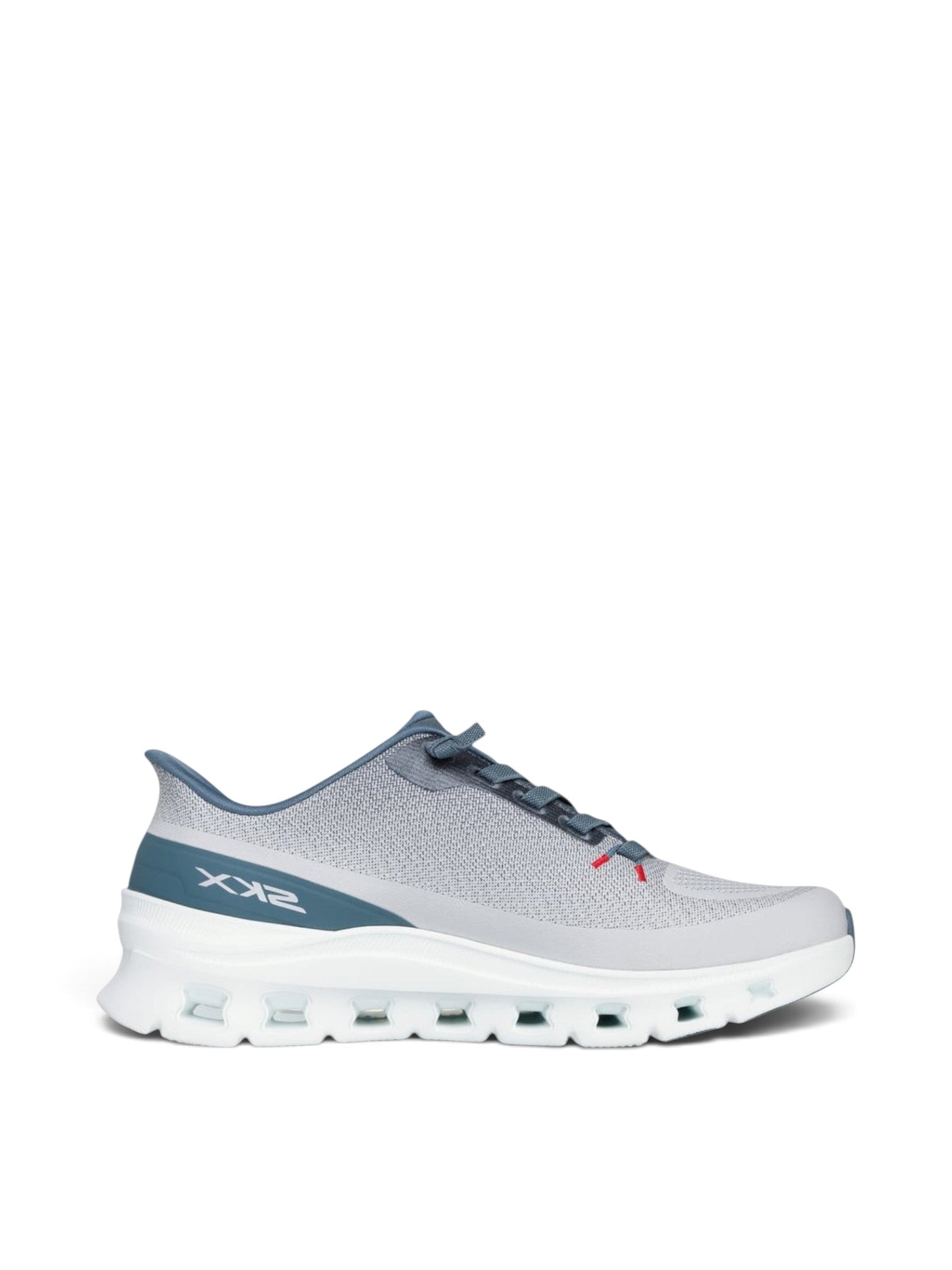 FRG Skechers Arch Fit Glide-Step Pro light gray and blue vegan knit slip-on sneaker with geometric white midsole