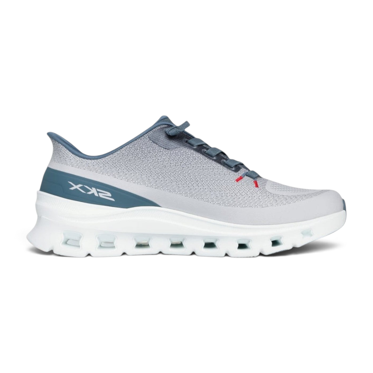 FRG Skechers Arch Fit Glide-Step Pro light gray and blue vegan knit slip-on sneaker with geometric white midsole