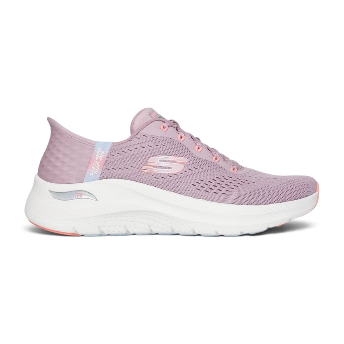 FRG Skechers Arch Fit 2.0 Easy Chic mauve slip-on sneaker with engineered mesh upper and white cushioned midsole