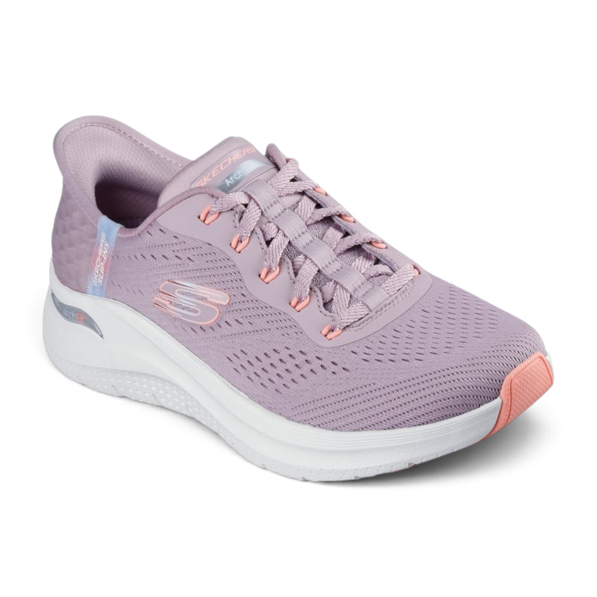 FRG Skechers Arch Fit 2.0 Easy Chic mauve slip-on sneakers with engineered mesh upper and white cushioned sole.