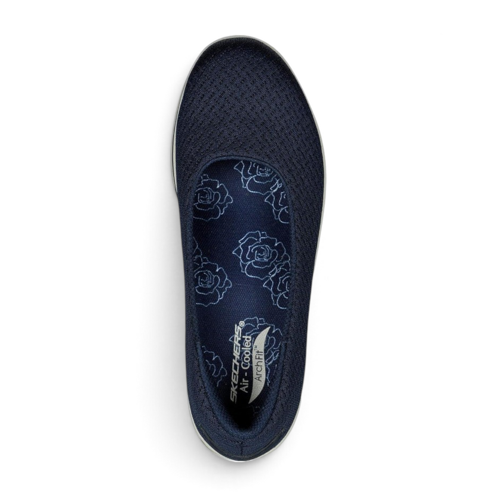 FRG Skechers Arch Fit Uplift navy blue casual skimmer flat with breathable mesh upper and floral insole detail