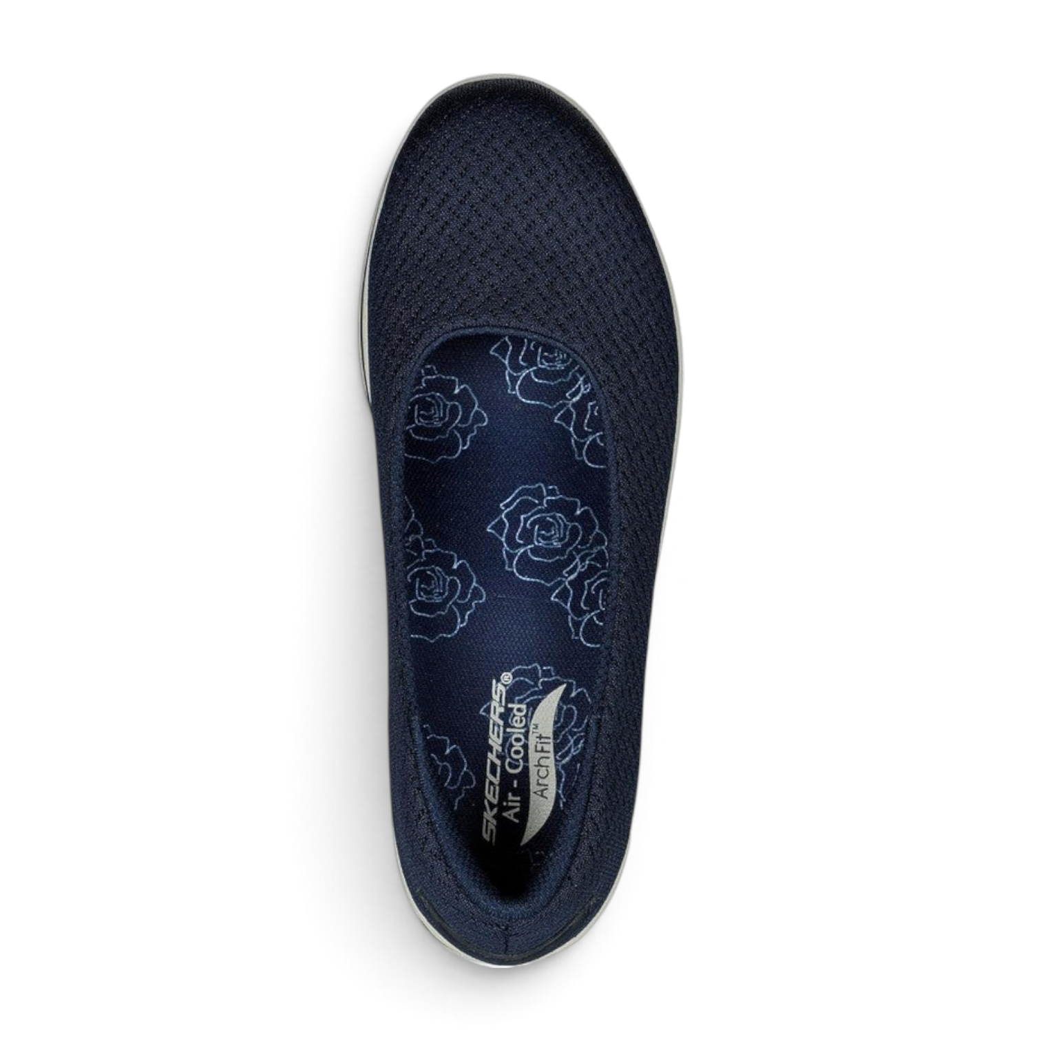 FRG Skechers Arch Fit Uplift navy blue casual skimmer flat with breathable mesh upper and floral insole detail