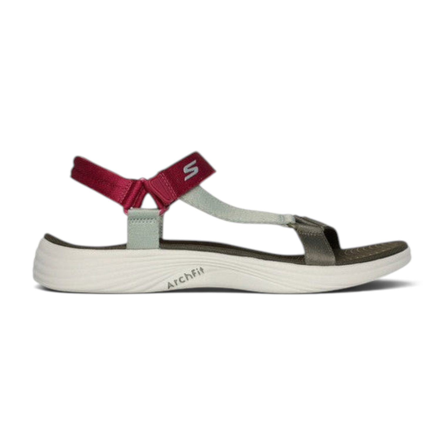 FRG Skechers Arch Fit Radiance walking sandal in olive, mint, and magenta with podiatrist-certified arch support.