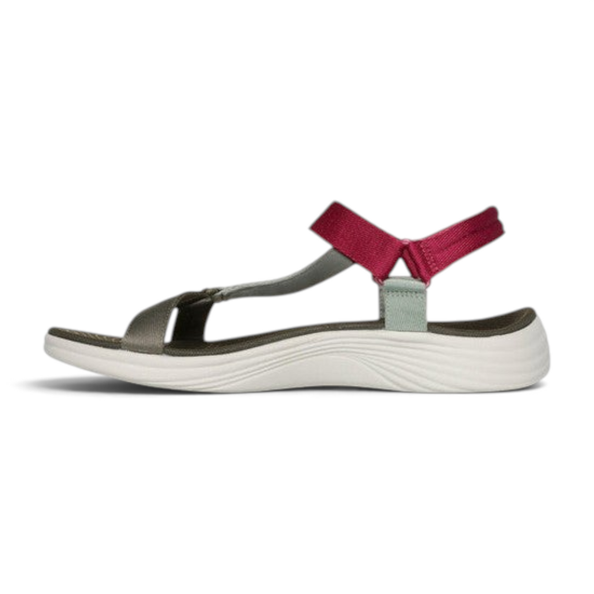 FRG Skechers Arch Fit Radiance walking sandal in olive, mint, and magenta with an open-toe design and white sole.