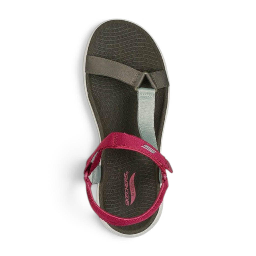 FRG Skechers Arch Fit Radiance walking sandal in olive and mint with a pink ankle strap and cushioned footbed