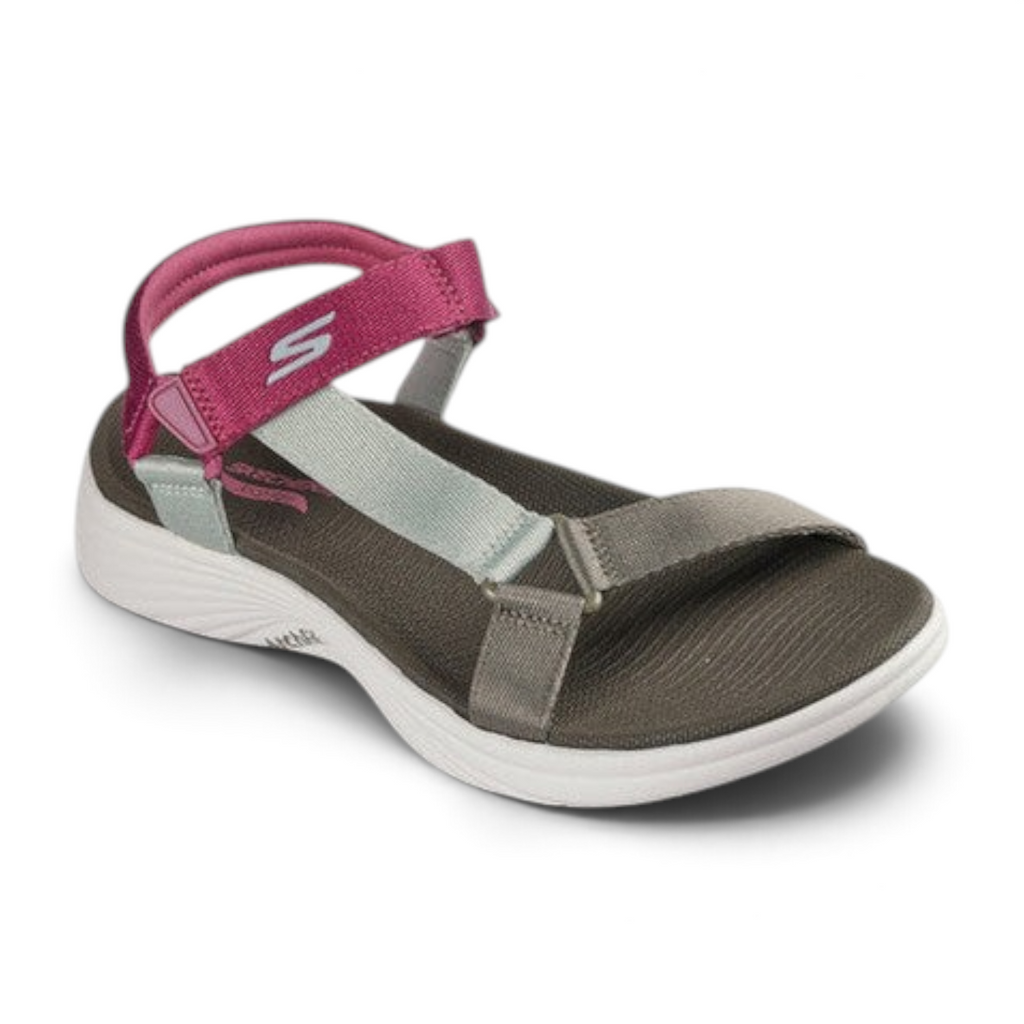 FRG Skechers Arch Fit Radiance walking sandal in olive and mint with a magenta ankle strap and cushioned footbed.
