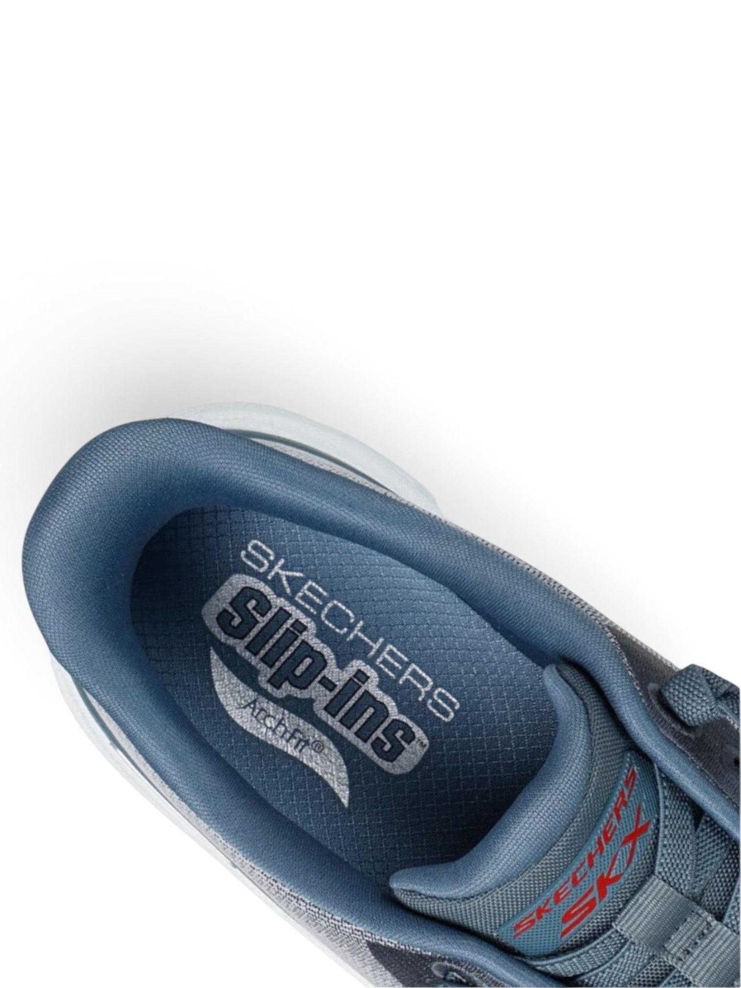 FRG Skechers Arch Fit Glide-Step Pro slip-on sneaker in light gray and blue with cushioned interior and logo detail