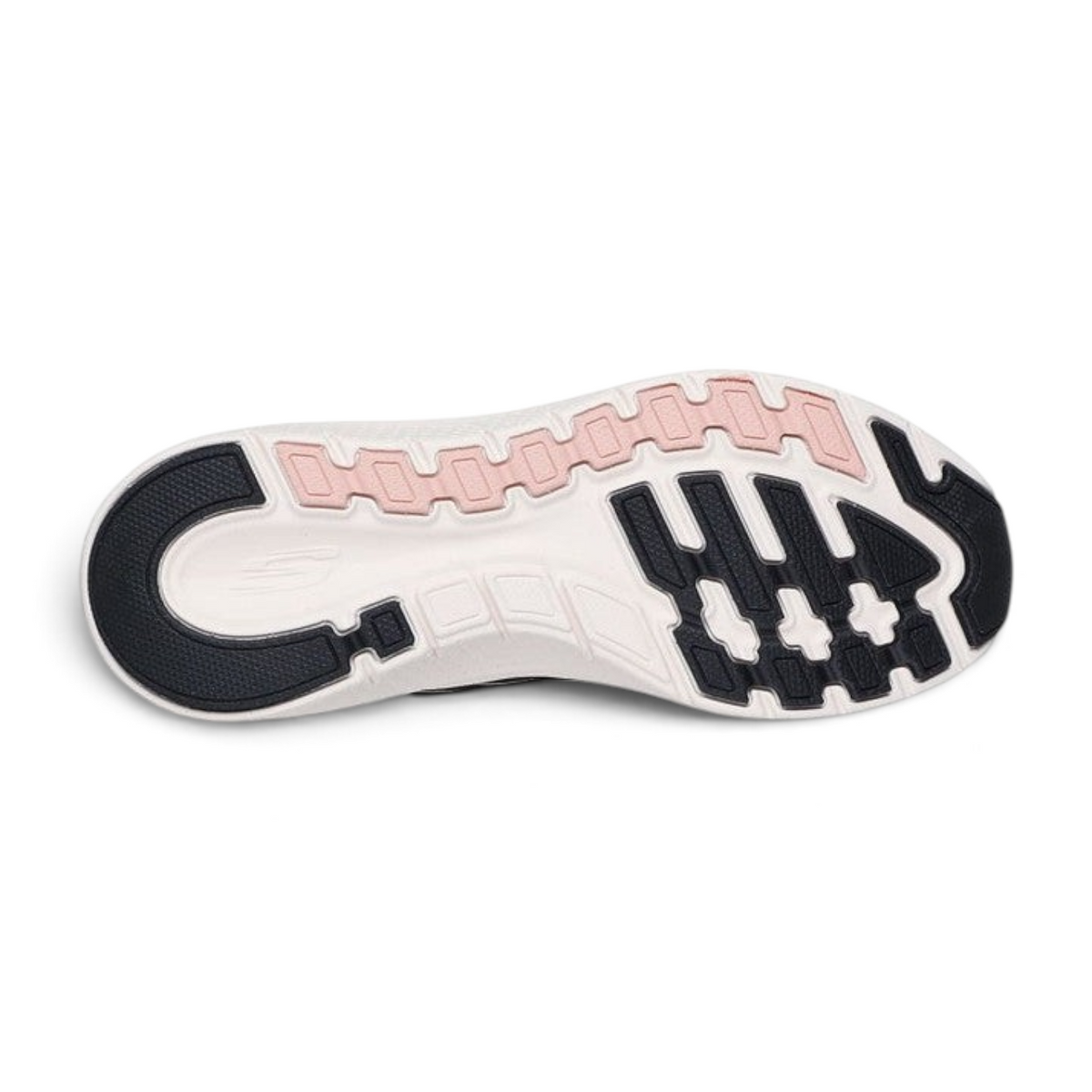 FRG Skechers Arch Fit 2.0 Sleek Stride sneaker outsole in black, white, and rose pink with a textured grip pattern