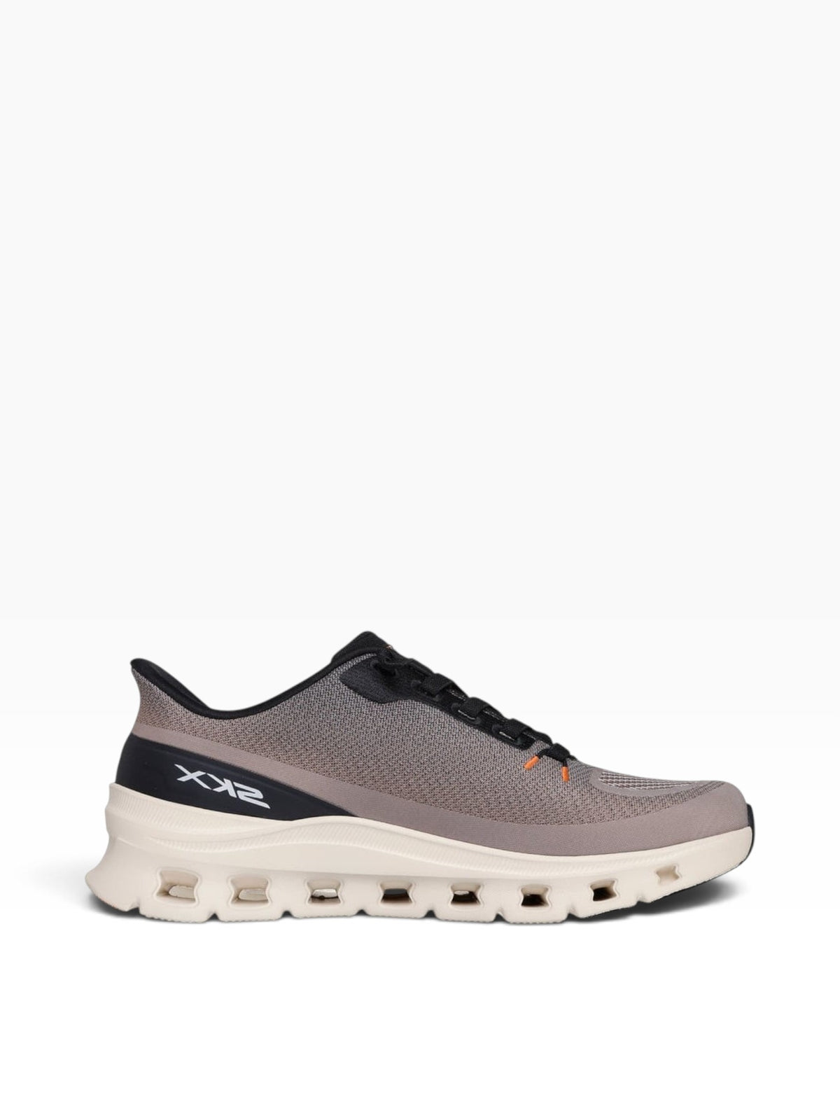 FRG Skechers Arch Fit Glide-Step Pro sneaker in taupe and black with a geometric cushioned midsole and knit upper.