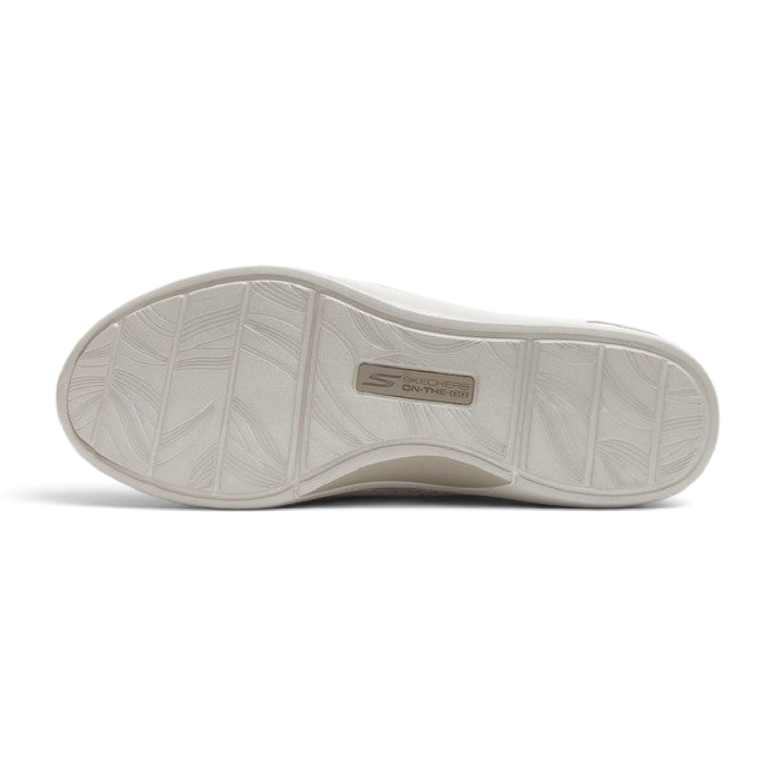 FRG Skechers Arch Fit Uplift taupe skimmer flat showing the textured rubber outsole and arch support branding