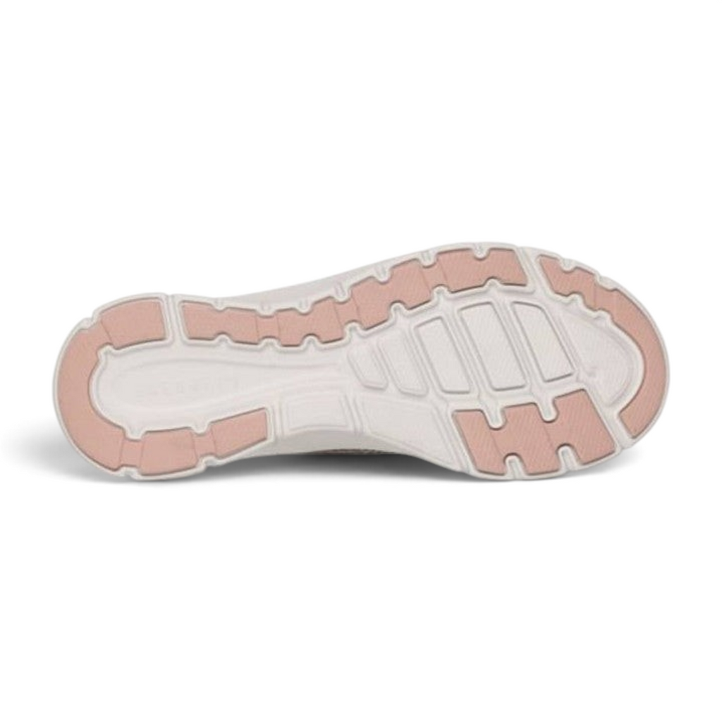 FRG Skechers Arch Fit Refine 2.0 taupe slip-on shoe showing the pink and white patterned rubber traction outsole
