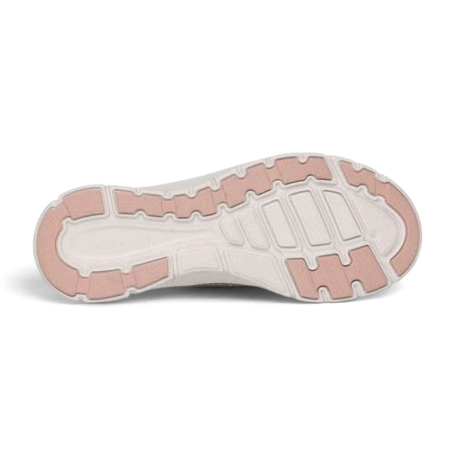 FRG Skechers Arch Fit Refine 2.0 taupe slip-on shoe showing the pink and white patterned rubber traction outsole