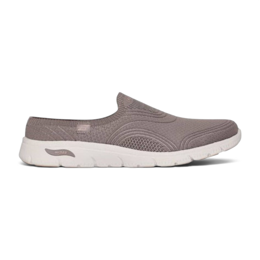 FRG Skechers Arch Fit Refine 2.0 taupe vegan slip-on sneaker with stretch-knit upper and white cushioned sole