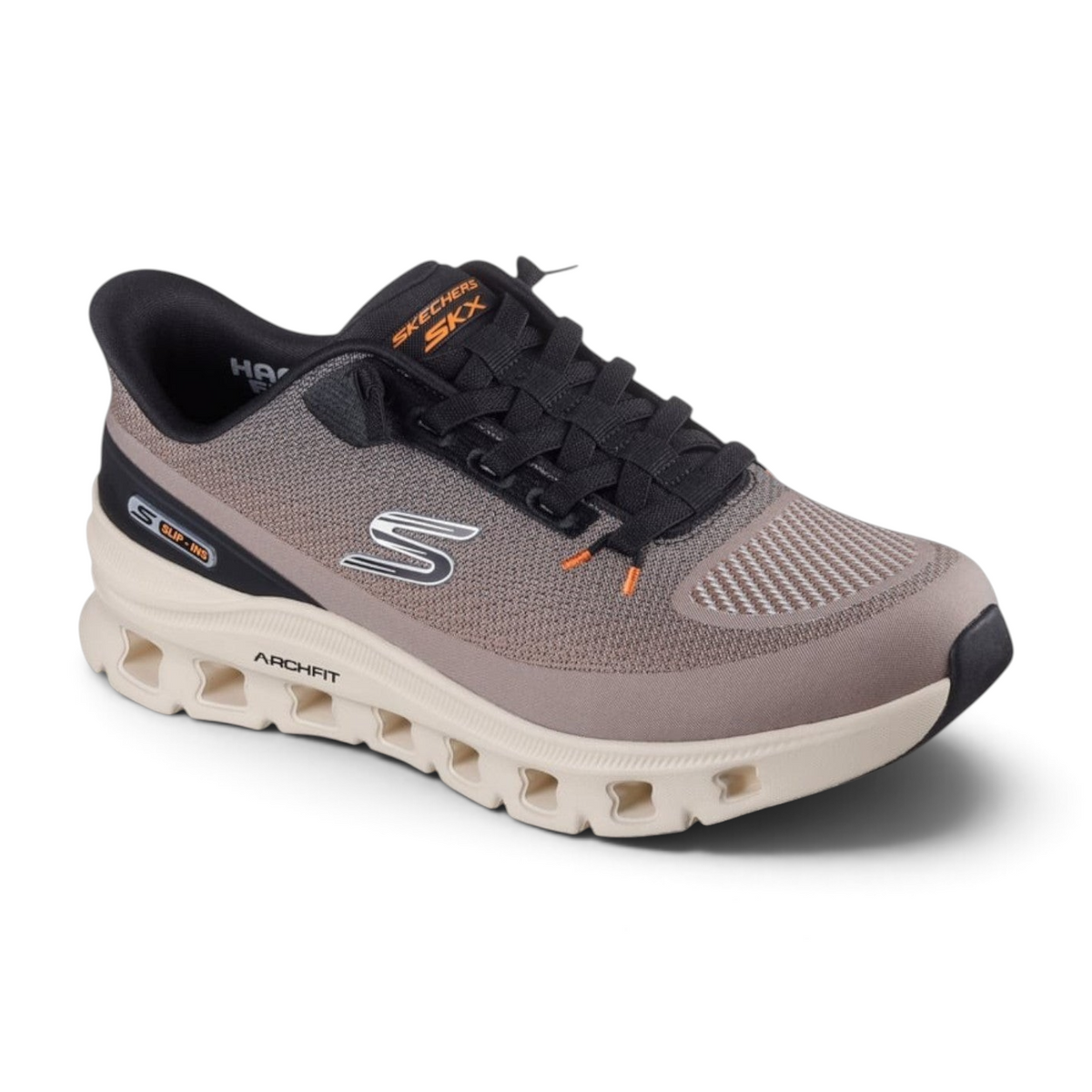 FRG Skechers Arch Fit Glide-Step Pro taupe and black vegan slip-on sneaker with geometric midsole cushioning.