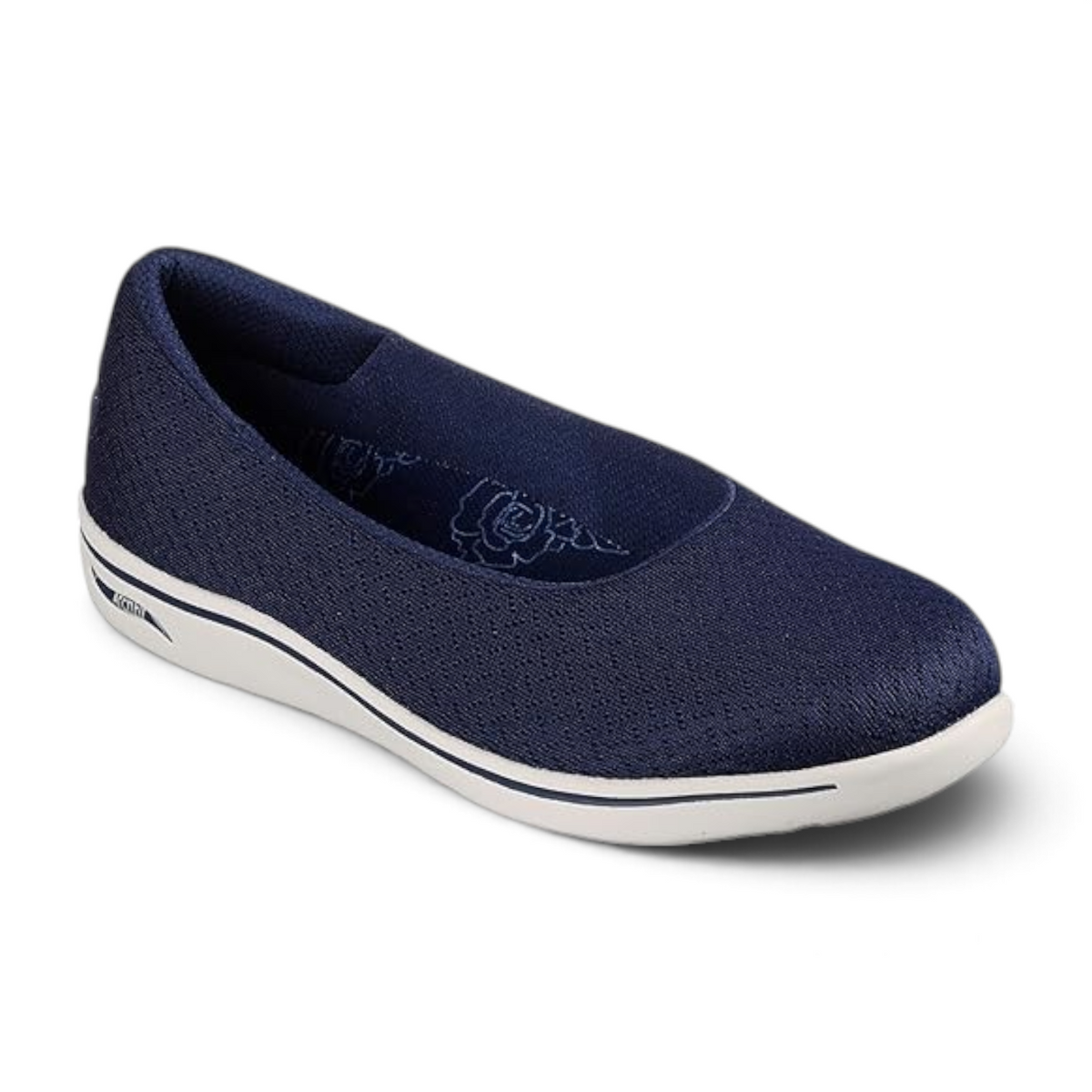 FRG Skechers Arch Fit Uplift navy mesh skimmer flat with white cushioned sole and arch support