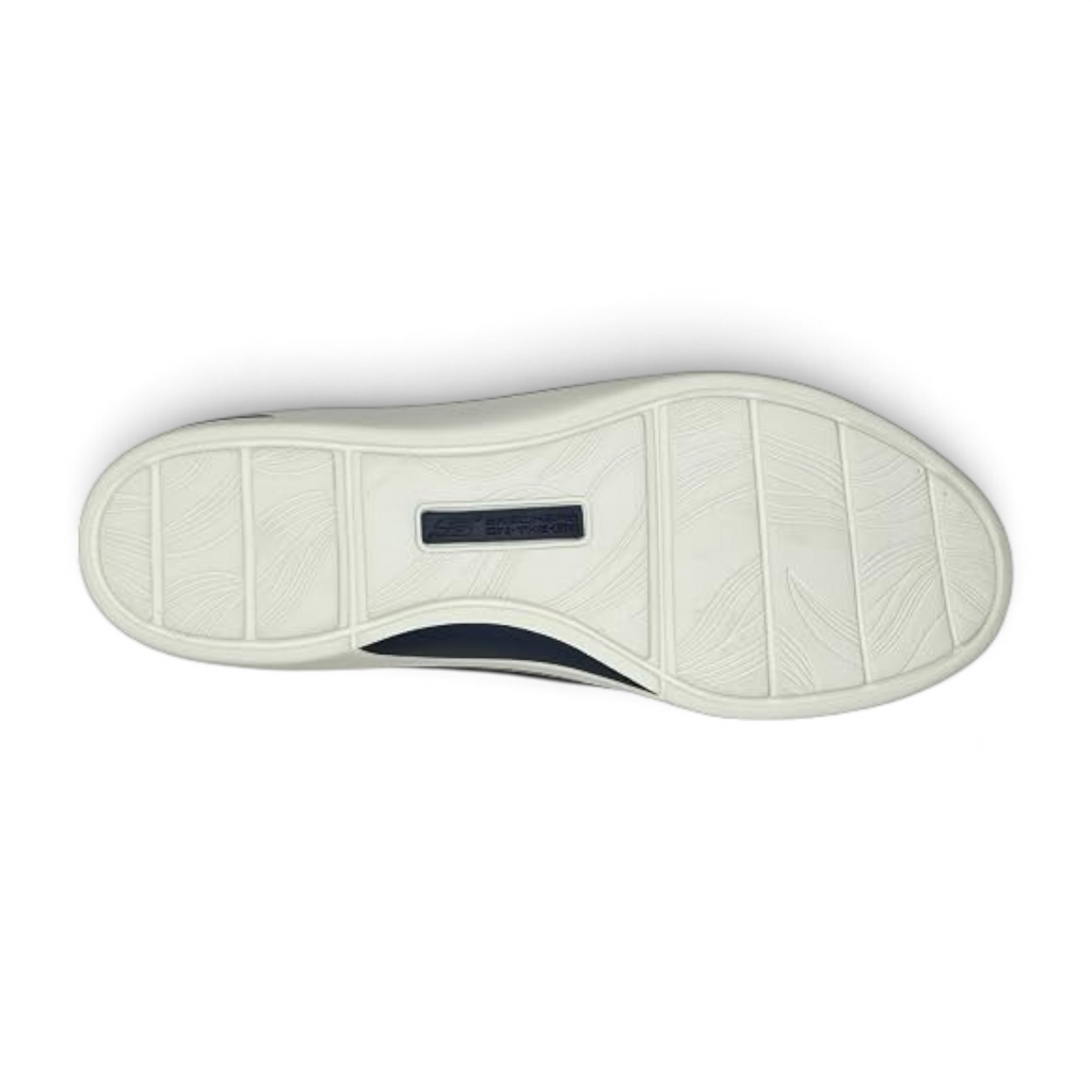 FRG Skechers Arch Fit Uplift navy skimmer flat showing the white textured rubber outsole and arch support branding