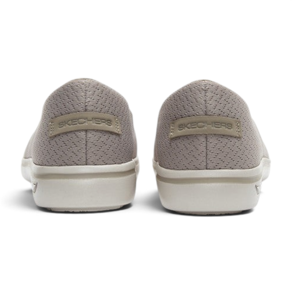 FRG Skechers Arch Fit Uplift taupe casual skimmer flats featuring a breathable mesh upper and rear brand logo detail
