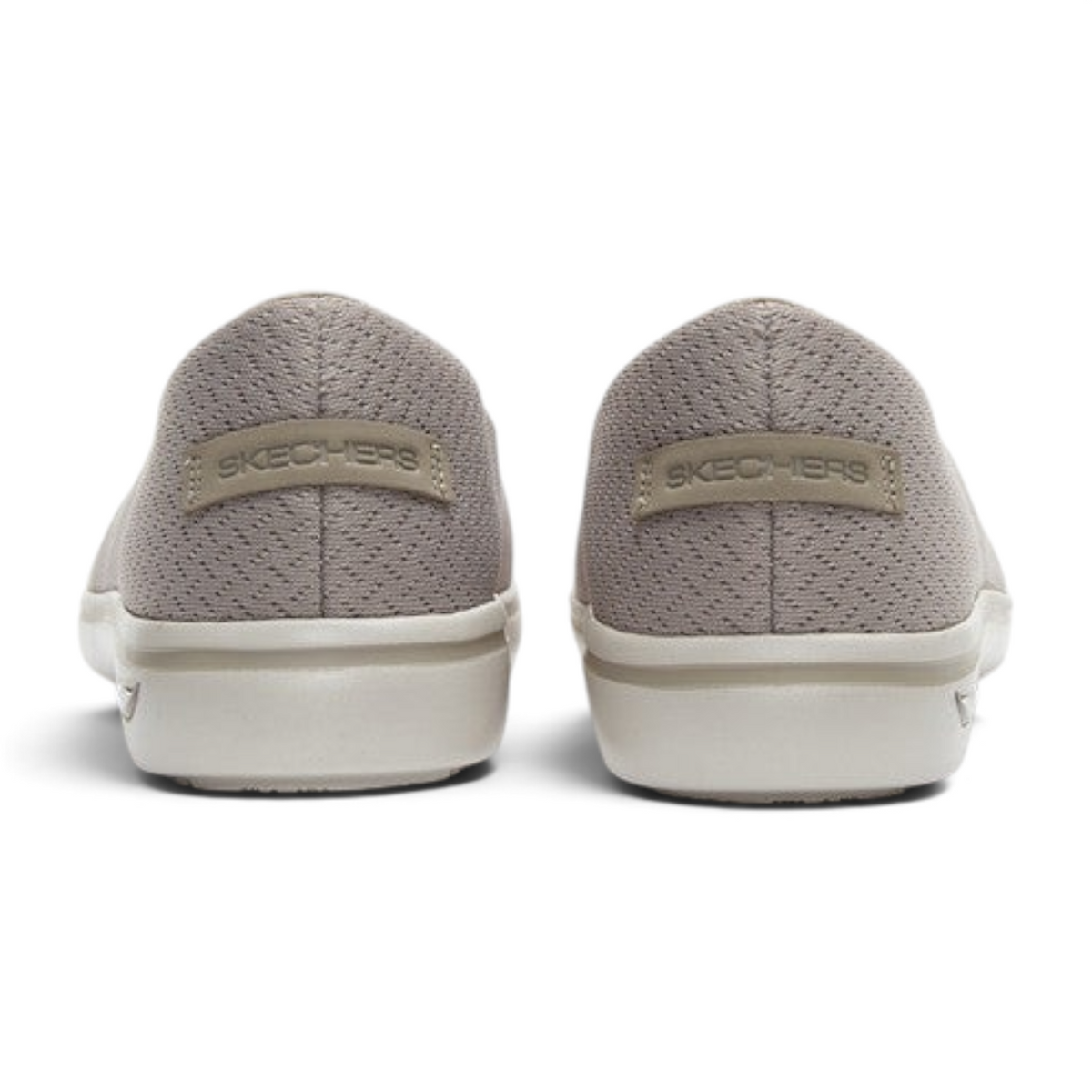 FRG Skechers Arch Fit Uplift taupe casual skimmer flats featuring a breathable mesh upper and rear brand logo detail