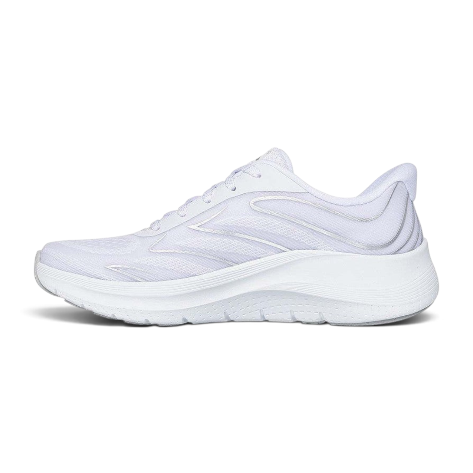 FRG Skechers Arch Fit 2.0 Sleek Stride white and silver breathable textile slip-in walking sneakers, side view