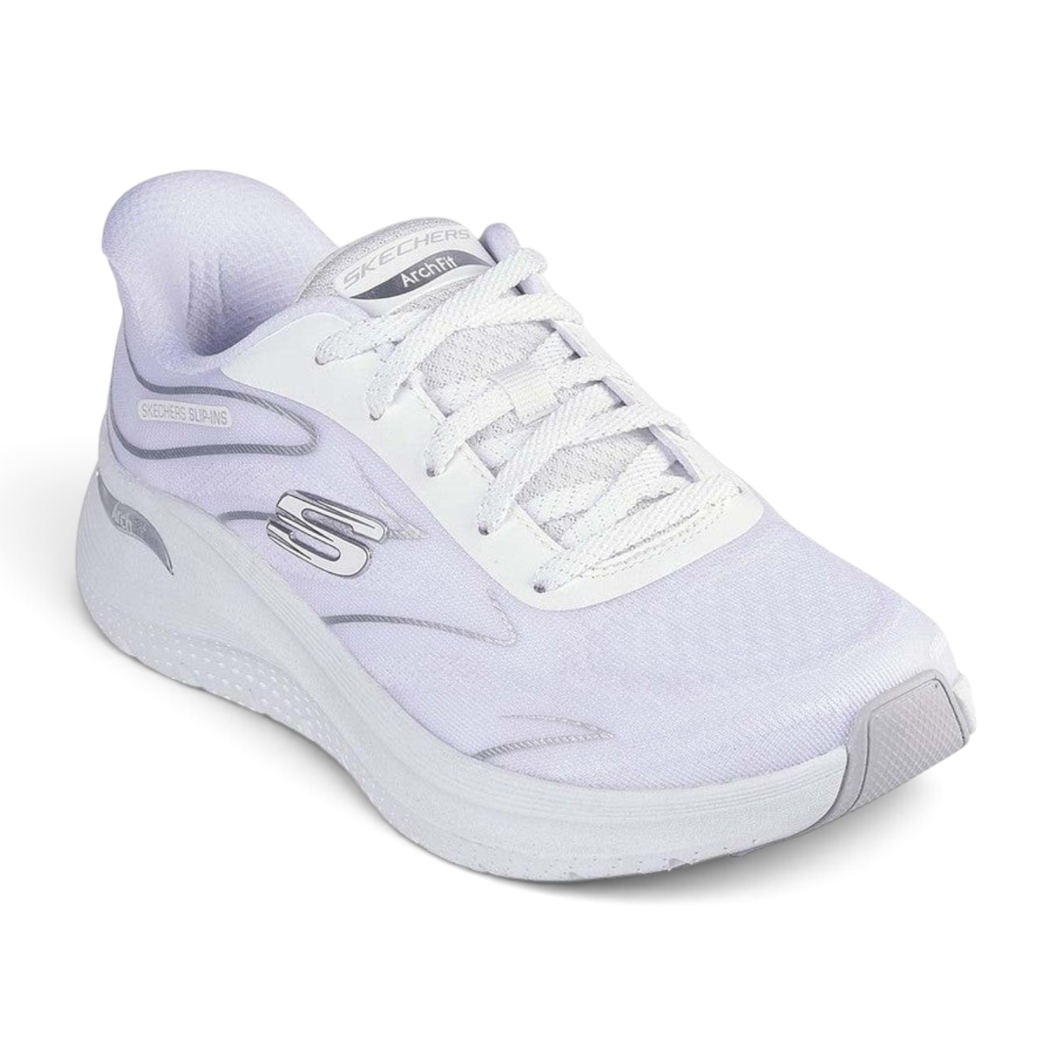 FRG Skechers Arch Fit 2.0 Sleek Stride white and silver slip-in sneakers with breathable textile upper.