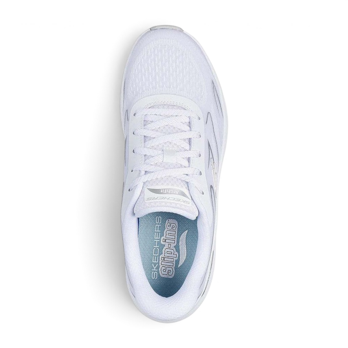 FRG Skechers Arch Fit 2.0 Sleek Stride white textile slip-in sneaker with silver accents and arch support