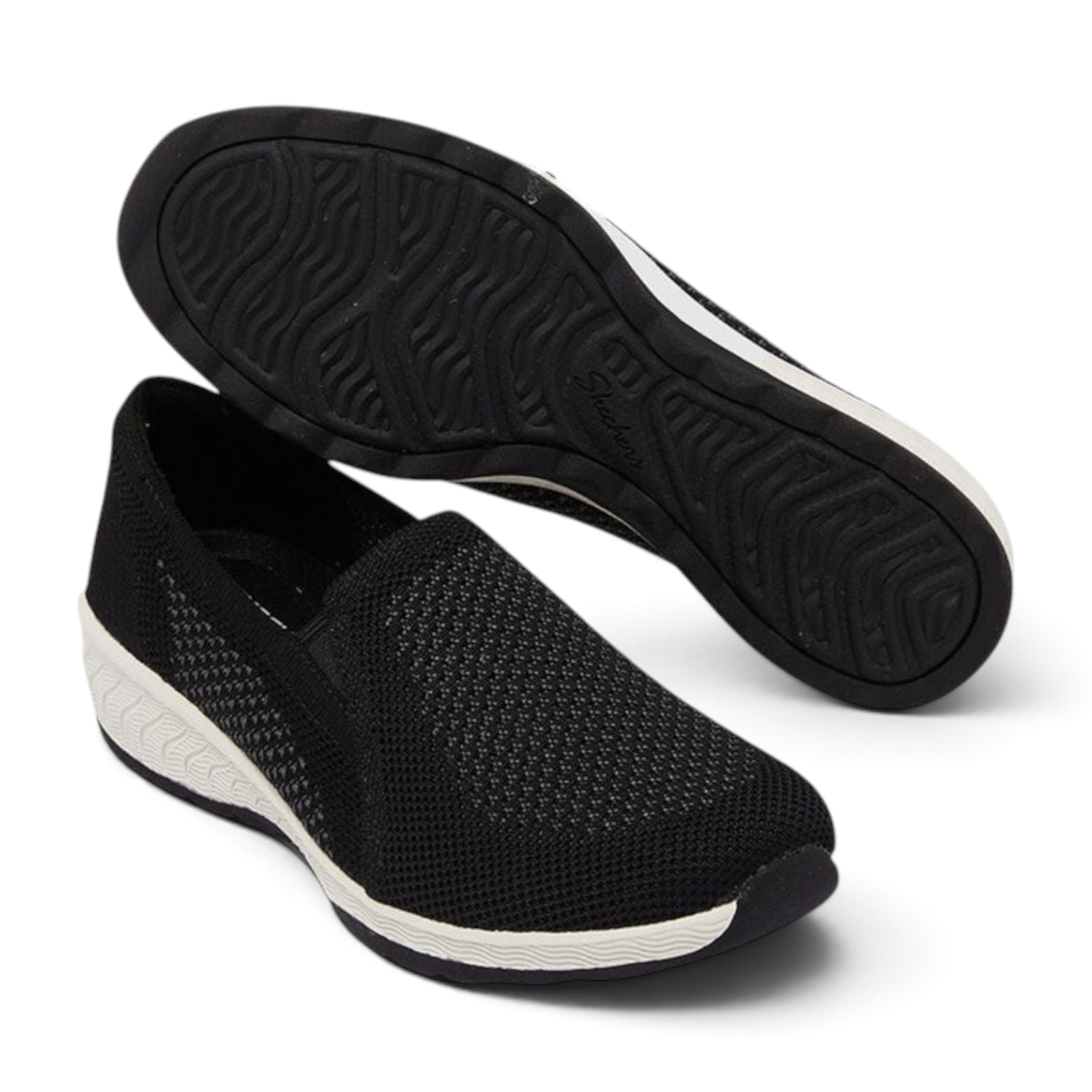 FRG Skechers Up-Lifted black knit slip-on shoes with white wedge soles and memory foam comfort