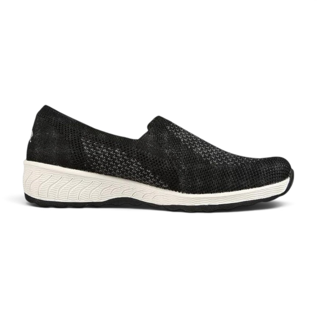 FRG Skechers Up-Lifted slip-on shoe in black knit with a white wedge heel and memory foam comfort